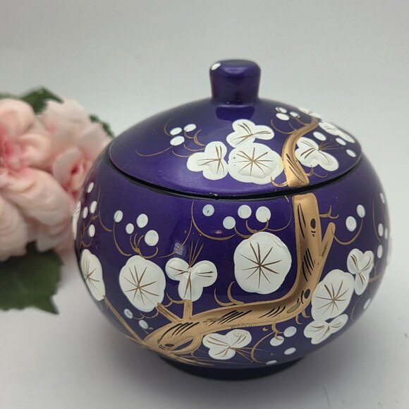 Vintage Purple Lacquered Trinket Box Decor Hand Painted Cherry Blossoms With Lid - Picture 1 of 11
